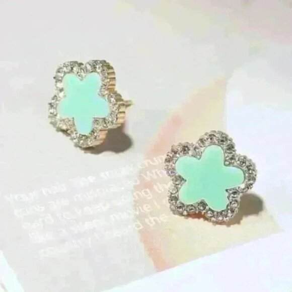 Aqua Green Clover Stud Earrings - Picture 1 of 4